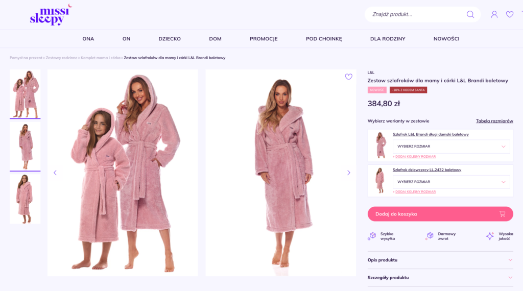 Widok karty produktu z modułem zestawów w sklepie Missisleepy, promujący zakup kompletów bielizny.